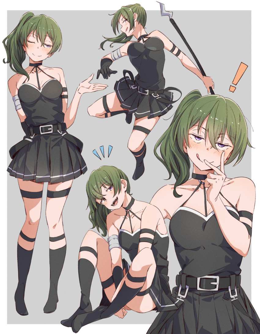 ! 1girl :q arm_strap armlet bare_shoulders belt black_belt black_choker black_dress black_gloves breasts choker dress eitopondo full_body gloves green_hair hair_between_eyes highres holding holding_staff long_hair looking_at_viewer mage_staff multiple_views notice_lines o-ring o-ring_choker pleated_dress purple_eyes side_ponytail single_glove sitting smile sousou_no_frieren staff standing suspenders_hanging thigh_strap tongue tongue_out ubel_(sousou_no_frieren)