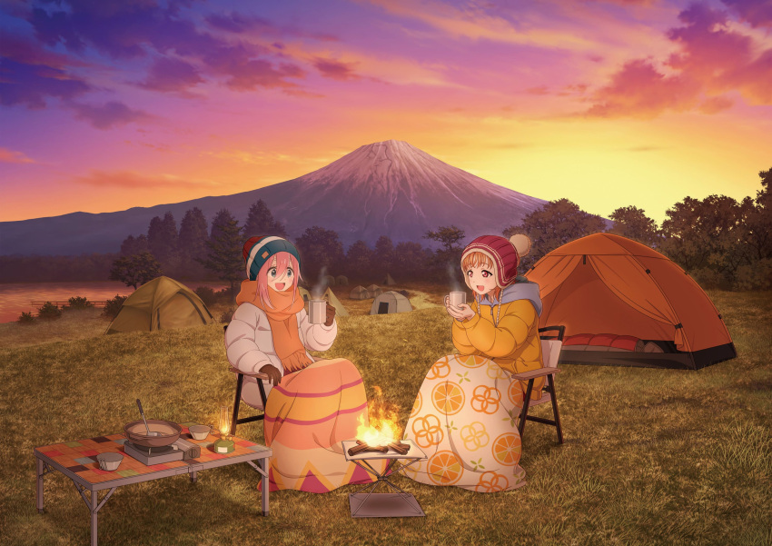 2girls blue_eyes brown_gloves campfire chair coat cup gloves hat highres holding holding_cup kagamihara_nadeshiko ladle long_hair love_live! love_live!_sunshine!! medium_hair mount_fuji mountain mug multiple_girls official_art orange_coat orange_hair orange_scarf pink_hair real_world_location red_eyes scarf sitting takami_chika tent translation_request winter_clothes winter_coat yurucamp