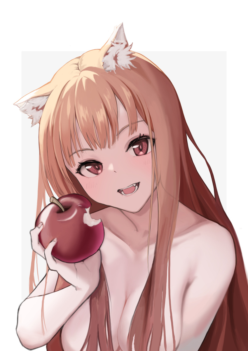 1girl :d absurdres alternate_breast_size animal_ear_fluff animal_ears apple backlighting bitten_apple blunt_bangs blush border breasts bright_pupils brown_hair cleavage collarbone commentary completely_nude eyelashes fangs food food_bite fruit grey_background hair_censor hand_up head_tilt highres holding holding_food holding_fruit holo korean_commentary large_breasts long_hair looking_at_viewer nude open_mouth red_eyes sidelocks simple_background smile solo spice_and_wolf spzhrns2054 straight_hair teeth tsurime upper_body white_border wolf_ears wolf_girl