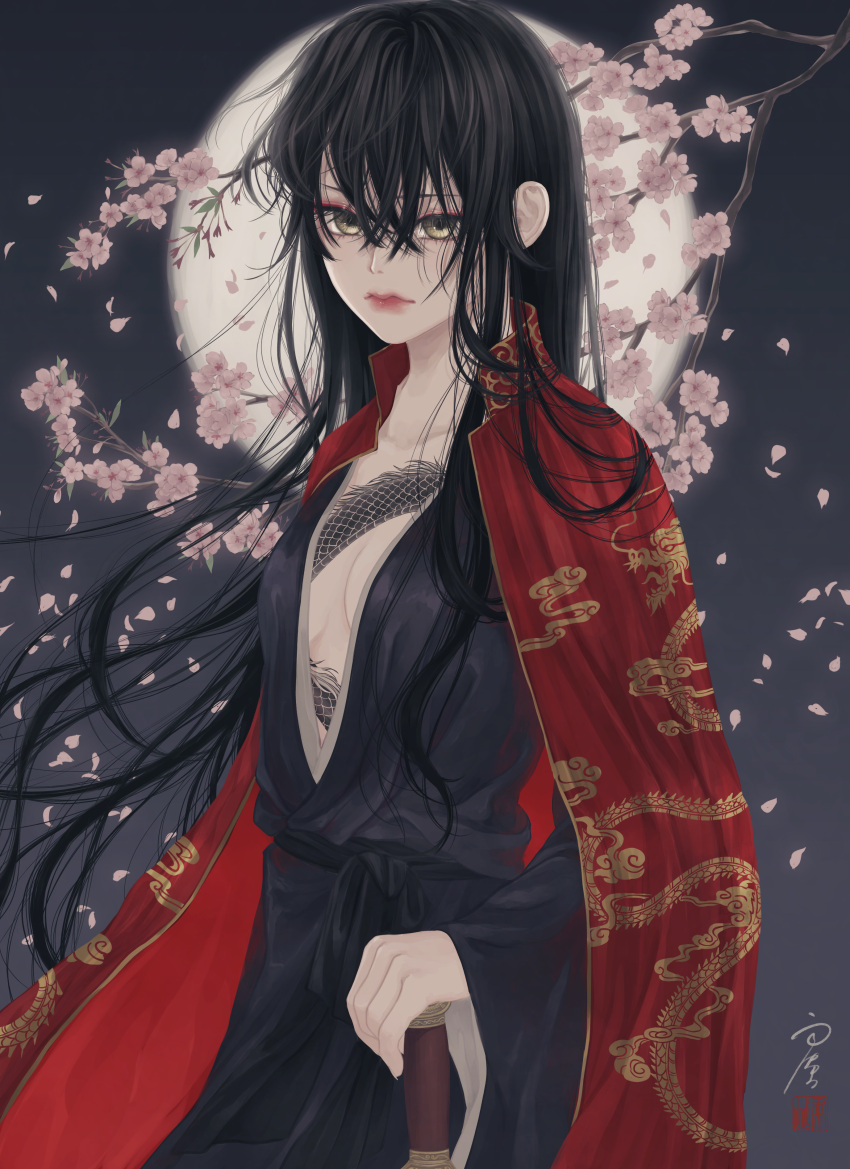 1girl absurdres black_hair black_kimono black_sash branch breasts center_opening cherry_blossoms chest_tattoo cleavage cloak closed_mouth collarbone cowboy_shot dragon dragon_print dragon_tattoo eastern_dragon floating_hair flower full_moon grey_background hair_between_eyes highres holding holding_sword holding_weapon japanese_clothes kimono long_hair long_sleeves looking_at_viewer moon open_cloak open_clothes original petals pink_flower print_cloak red_cloak sash seal_impression signature small_breasts solo standing sword tattoo ushiyama_ame very_long_hair weapon wide_sleeves yellow_eyes