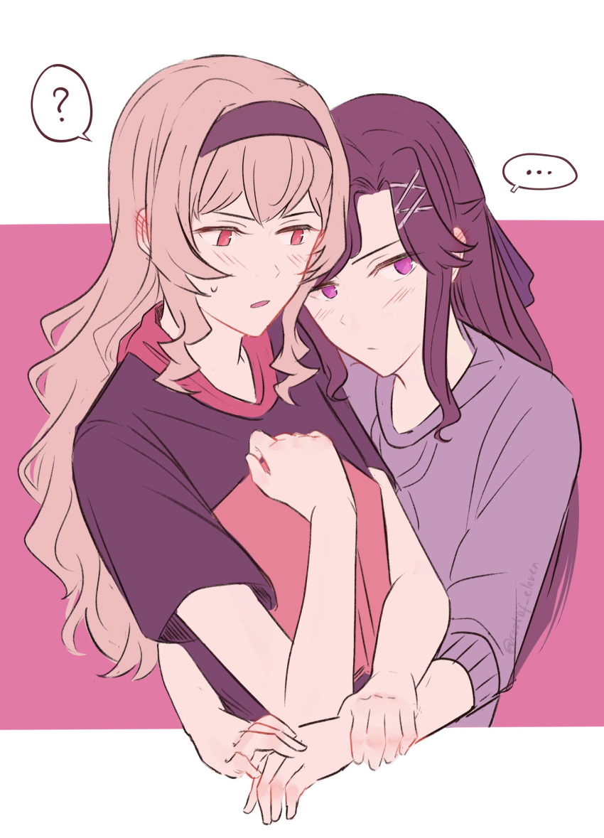 ... 2girls ? absurdres arms_around_waist black_hairband blonde_hair blush brown_hair closed_mouth commentary ear_blush hairband hand_on_another's_arm highres hug long_hair long_sleeves multiple_girls parted_lips pink_background purple_eyes purple_shirt red_eyes rtf_11th saijou_claudine shirt short_sleeves shoujo_kageki_revue_starlight spoken_ellipsis spoken_question_mark sweatdrop tendou_maya two-tone_background upper_body white_background yuri