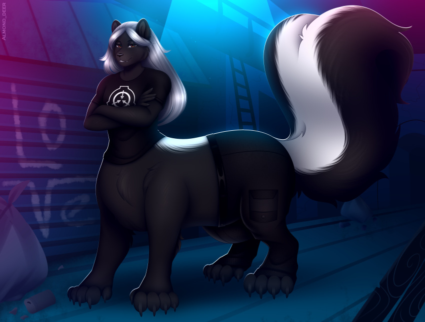 absurd_res alley almond_deer bulge graffiti hi_res male mammal mephitid pawbs regen_shunk scp_foundation skunk solo taur