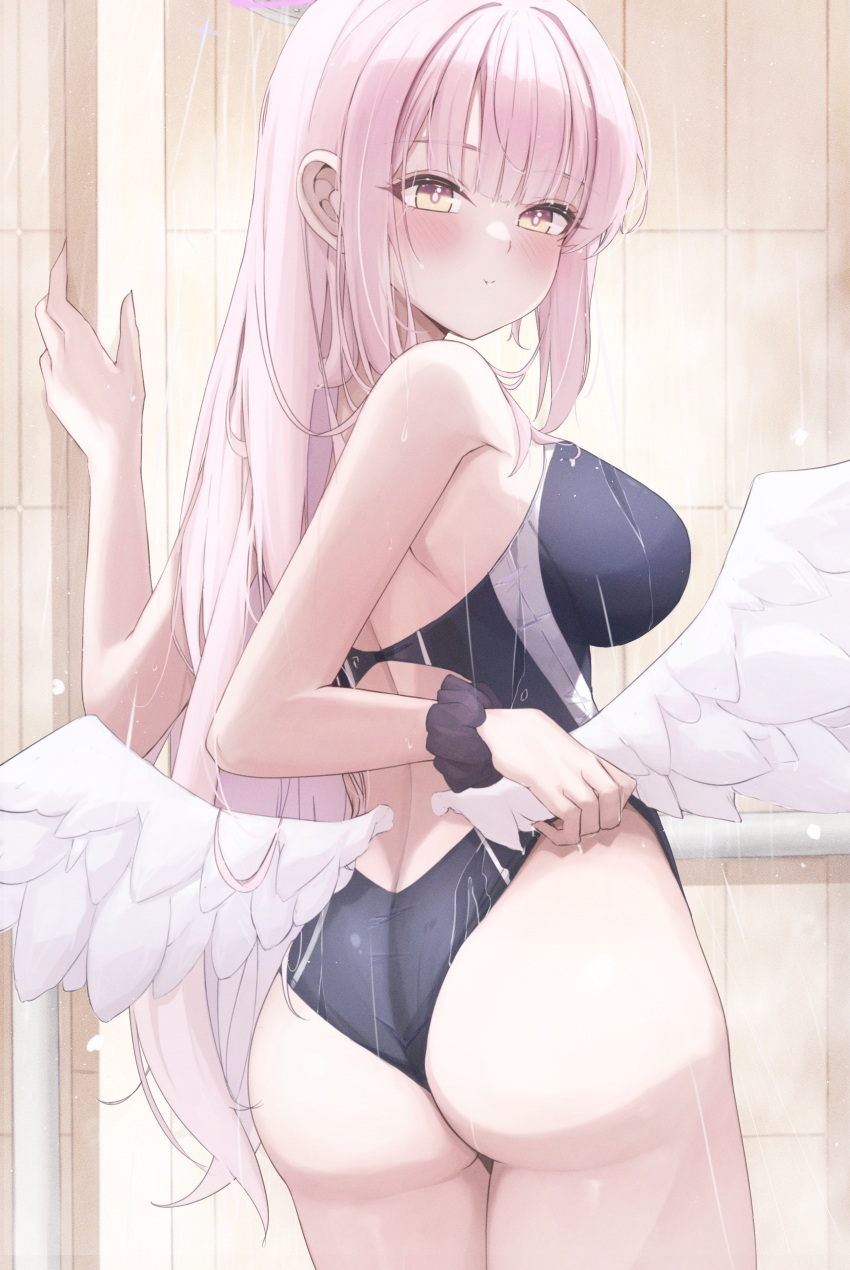 1girl :t absurdres angel_wings ass blue_archive blue_one-piece_swimsuit breasts feathered_wings from_behind halo highres large_breasts long_hair low_wings mika_(blue_archive) mofu07519 one-piece_swimsuit pink_hair pink_halo pout purple_scrunchie school_swimsuit scrunchie swimsuit thighs white_wings wings wrist_scrunchie yellow_eyes
