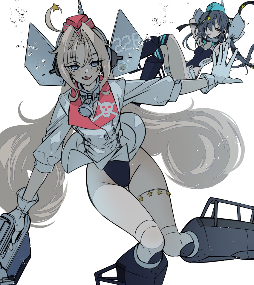 2girls ahoge anno88888 aqua_hat arms_behind_head bell black_ribbon breasts crossed_legs drum_(kancolle) garrison_cap gloves grey_eyes hair_between_eyes hair_ornament hair_over_one_eye hat headgear highres holding jacket kantai_collection long_hair looking_at_viewer multiple_girls neck_bell one-piece_swimsuit open_mouth pink_hair pink_hat ribbon scamp_(kancolle) shorts simple_background small_breasts star_(symbol) star_hair_ornament swimsuit thigh_strap thighhighs very_long_hair white_background white_gloves white_jacket white_shorts