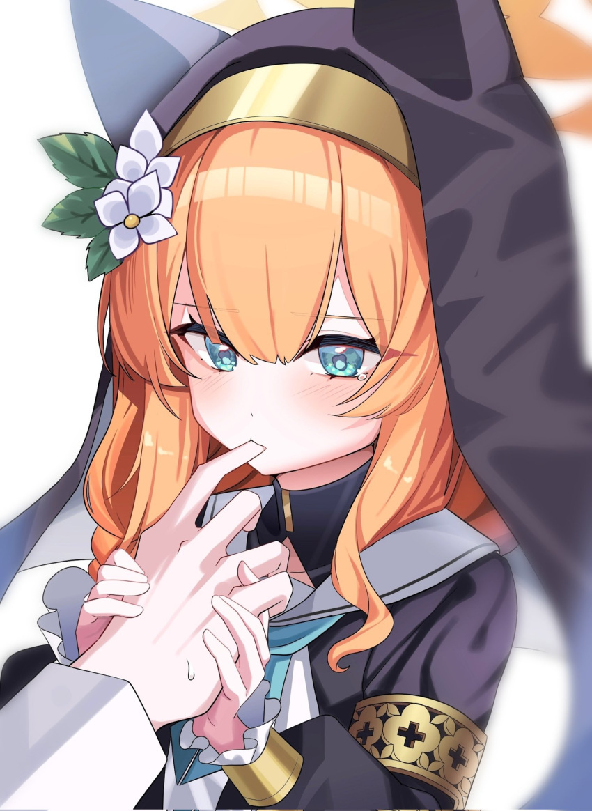 1girl animal_ears animal_hood black_dress blue_archive blue_eyes blush cat_ears dress finger_sucking flower grabbing_another's_hand habit halo hat hat_flower highres hood looking_at_viewer mari_(blue_archive) orange_hair poko050498 white_background yellow_halo