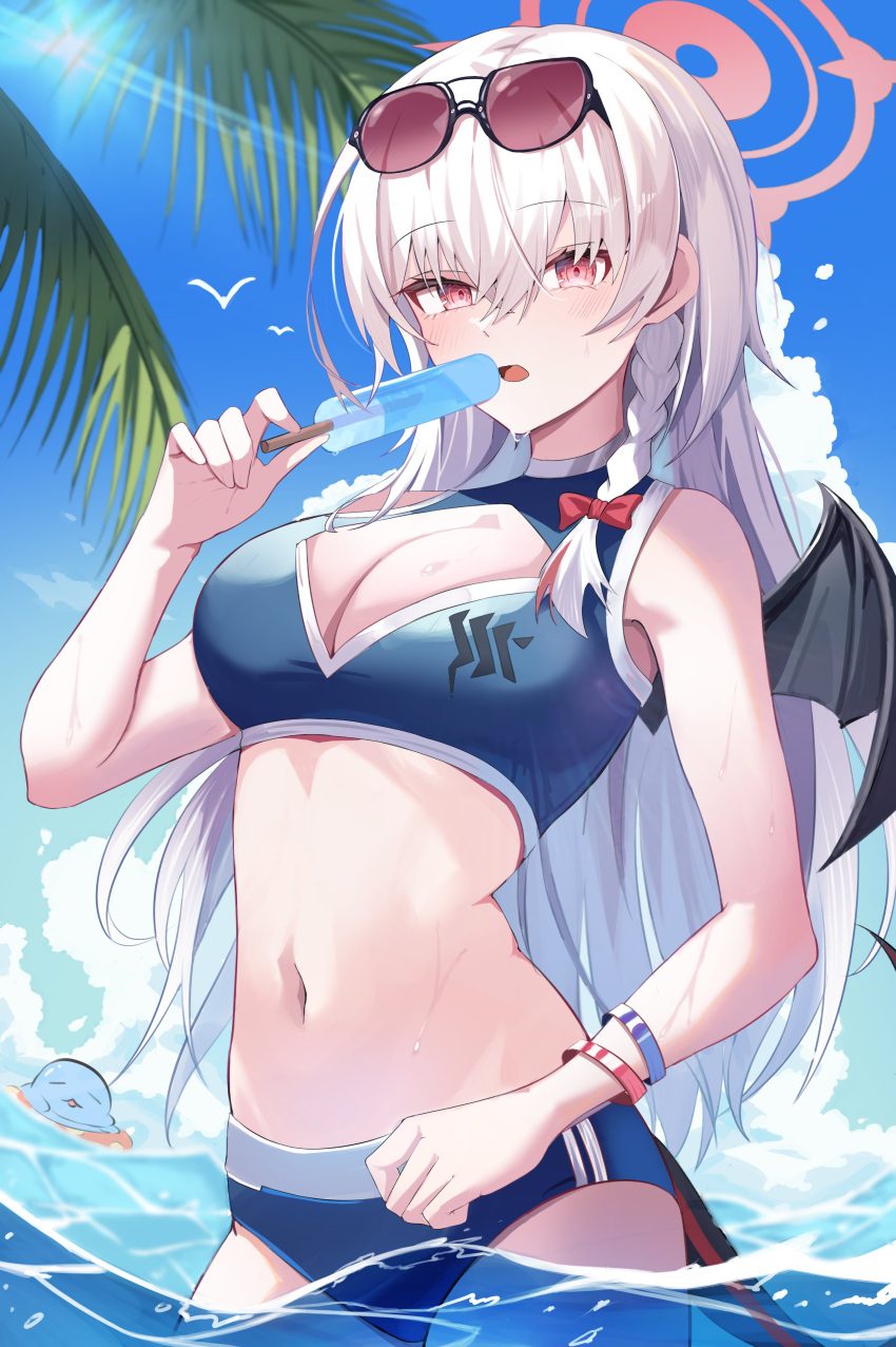 1girl absurdres alternate_costume bikini black_tail blue_archive blue_bikini demon_wings eyewear_on_head food grey_hair halo haruna_(blue_archive) highres kkubuk92 palm_leaf palm_tree pink_eyes popsicle red_halo single_wing solo swimsuit tree wings