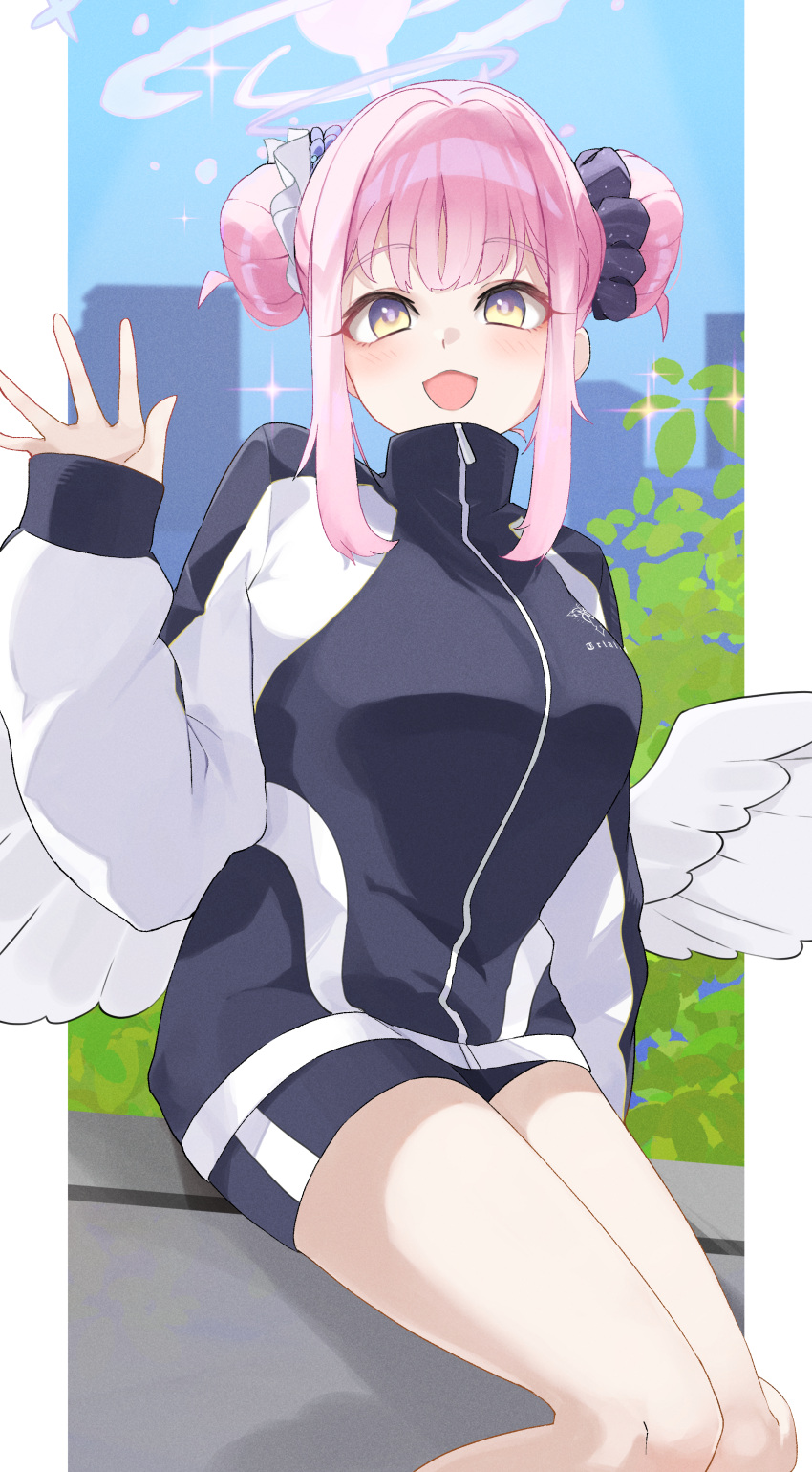1girl absurdres angel_wings black_jacket blue_archive blush chankuro double_bun feathered_wings flower gradient_eyes gym_uniform hair_bun hair_flower hair_ornament halo highres jacket long_sleeves looking_at_viewer medium_hair mika_(blue_archive) multicolored_eyes open_mouth pink_hair pink_halo solo thighs wings yellow_eyes