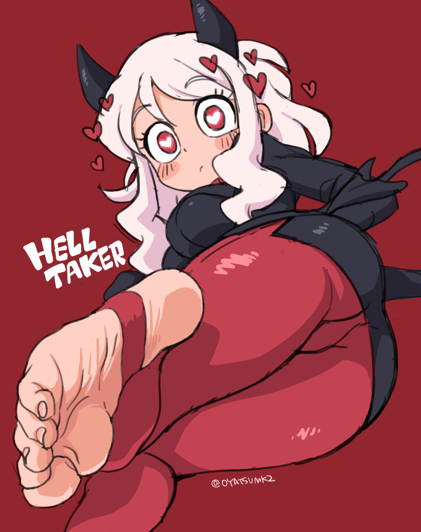 1girl absurdres ass demon_girl demon_horns demon_tail eyelashes feet heart heart-shaped_pupils helltaker highres horns long_hair modeus_(helltaker) oyatsu_(mk2) red_background red_eyes sidelocks simple_background symbol-shaped_pupils tail white_hair