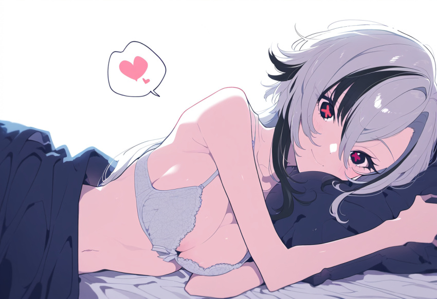 1girl ai-generated arlecchino_(genshin_impact) bed black_eyes blanket blush bra breasts genshin_impact head_on_pillow heart hugging_object large_breasts long_hair looking_at_viewer lying on_bed on_side pillow pillow_hug smile speech_bubble symbol-shaped_pupils underwear very_long_hair white_hair x-shaped_pupils