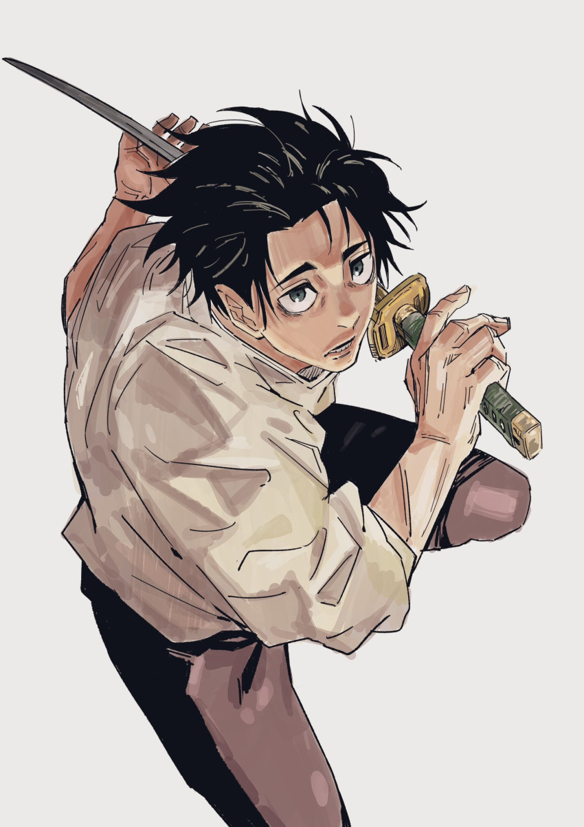 1boy akutami_gege_(style) black_hair forehead grey_eyes highres holding holding_sword holding_weapon jujutsu_kaisen katana okkotsu_yuuta solo sukesukeburger sword weapon white_background