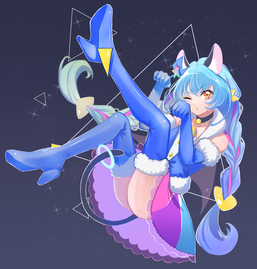 1girl ;o absurdres animal_ears black_choker blue_footwear blue_gloves blue_hair blue_jacket boots braid cat_ears cat_tail choker cure_cosmo elbow_gloves floating fur-trimmed_boots fur-trimmed_gloves fur-trimmed_jacket fur_trim gloves hair_ornament highres jacket leg_up long_hair looking_at_viewer magical_girl miisu_(minirose) multicolored_clothes multicolored_hair multicolored_skirt one_eye_closed parted_lips paw_pose pink_hair precure skirt sleeveless sleeveless_jacket solo star_twinkle_precure streaked_hair tail thigh_boots twin_braids very_long_hair yellow_eyes yuni_(precure)