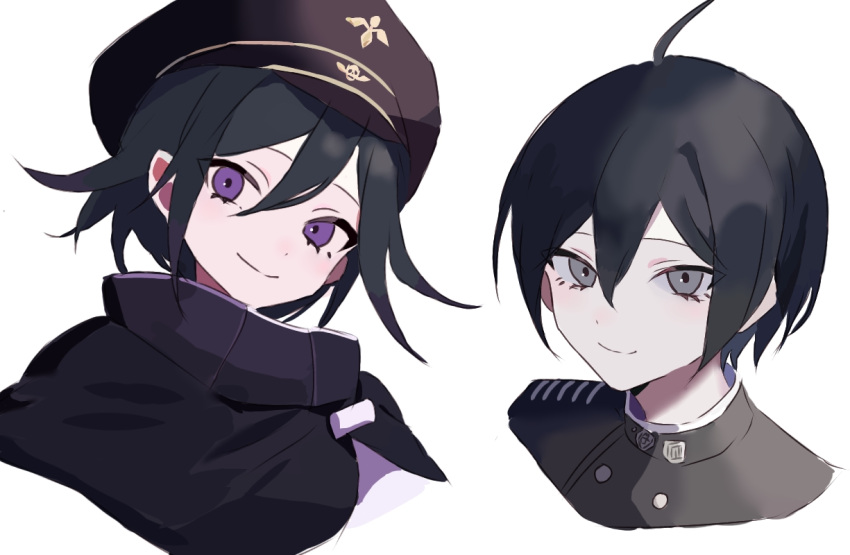 2boys ahoge black_cape black_hair black_hat black_jacket cape cropped_shoulders danganronpa_(series) danganronpa_v3:_killing_harmony flipped_hair hair_between_eyes hat jacket multiple_boys nagi_(user_kxkw7854) oma_kokichi peaked_cap purple_eyes saihara_shuichi short_hair simple_background smile white_background