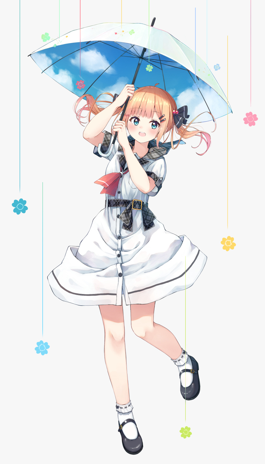 1girl :d absurdres arm_up bangs black_footwear black_ribbon blonde_hair blue_eyes blush commentary dress english_commentary enuni eyebrows_visible_through_hair frilled_legwear grey_background grey_sailor_collar hair_bobbles hair_ornament hair_ribbon hairclip hand_up highres holding holding_umbrella hoshino_sora_(n2) long_hair looking_at_viewer original plaid_sailor_collar ribbon ribbon-trimmed_legwear ribbon_trim sailor_collar sailor_dress shoes short_sleeves simple_background smile solo standing standing_on_one_leg teeth twintails umbrella upper_teeth white_dress white_legwear white_umbrella