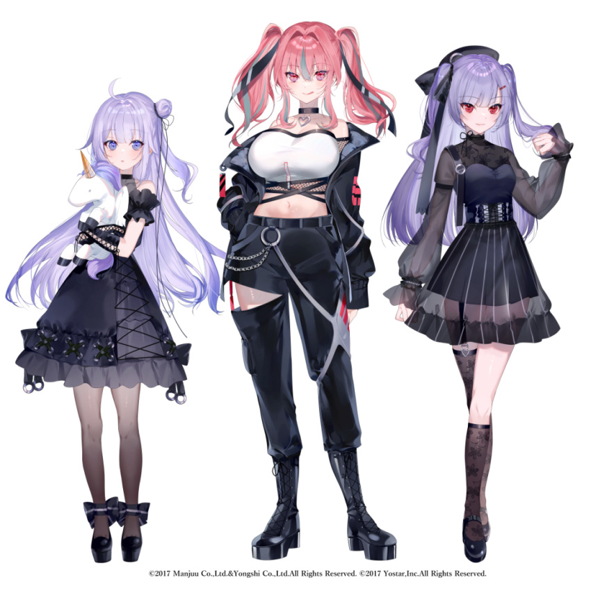 3girls :q ahoge ajax_(azur_lane) asymmetrical_legwear azur_lane bandeau bangs bare_shoulders belt beret black_belt black_choker black_dress black_footwear black_gloves black_headwear black_jacket black_legwear black_pants black_ribbon blush boots breasts bremerton_(azur_lane) chain choker cleavage closed_mouth clothing_cutout collarbone commentary_request covered_collarbone crop_top doll_hug dress elbow_gloves eyebrows_visible_through_hair fishnets full_body garter_straps gloves grey_hair groin hair_between_eyes hair_bun hair_intakes hair_ornament hair_ribbon hairclip hand_in_pocket hand_up hat heart heart_choker jacket large_breasts long_hair long_sleeves looking_at_viewer midriff miwano_rag mole mole_under_eye multicolored_hair multiple_girls navel o-ring object_hug off_shoulder official_art one_side_up pants pantyhose pink_eyes pink_hair purple_eyes purple_hair ribbon see-through_dress see-through_sleeves shoes side_bun sidelocks simple_background sleeveless sleeveless_dress small_breasts smile standing streaked_hair stuffed_animal stuffed_toy stuffed_winged_unicorn tachi-e taut_clothes thigh_cutout tongue tongue_out twintails two-tone_hair two_side_up unicorn_(azur_lane) very_long_hair white_background white_bandeau zipper zozotown