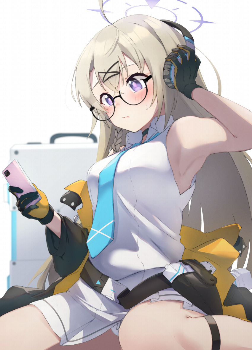 1girl 96nokimihito absurdres ahoge armpits bangs bare_shoulders belt black_belt black_gloves blue_archive blue_neckwear blush breasts cellphone closed_mouth collared_shirt eyebrows_visible_through_hair glasses gloves hair_ornament hairclip highres holding holding_phone kotama_(blue_archive) long_hair medium_breasts necktie phone purple_eyes shirt shorts sitting sleeveless sleeveless_shirt smartphone solo thigh_strap very_long_hair white_legwear white_shirt