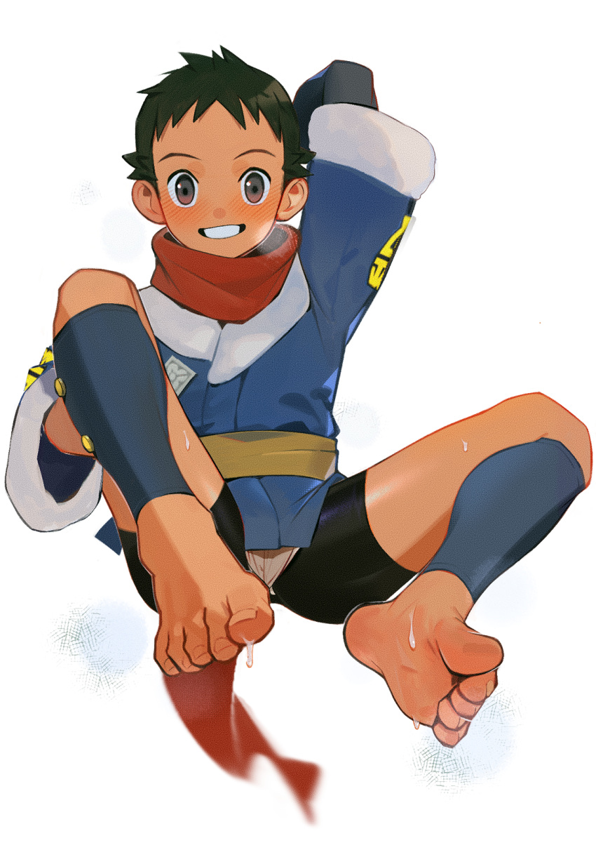 1boy arm_behind_head bangs barefoot bike_shorts black_hair black_shirt blue_jacket blush breath commentary_request full_body grey_eyes grin highres jacket leg_hold logo looking_at_viewer male_focus pokemon pokemon_(game) pokemon_legends:_arceus red_scarf rei_(pokemon) scarf shirt short_hair smile soles solo spiked_hair sweat teeth toenails toes transparent_background yaowu