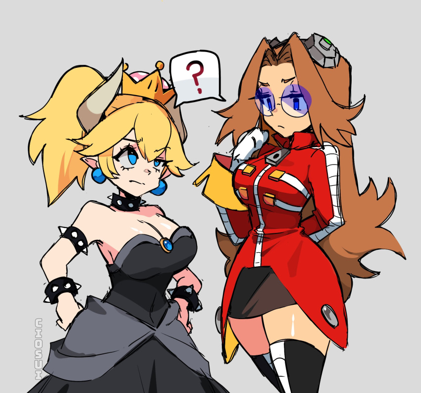 2girls ? armlet artist_name black_dress black_legwear blue_eyes bowsette bracelet breasts brown_hair ciosuii cleavage closed_mouth collar dr._eggman dress earrings genderswap genderswap_(mtf) glasses gloves hair_between_eyes half-closed_eye highres horns jewelry large_breasts long_hair long_sleeves mario_(series) multiple_girls new_super_mario_bros._u_deluxe pointy_ears ponytail shared_speech_bubble sonic_(series) speech_bubble spiked_armlet spiked_bracelet spiked_collar spikes spoken_question_mark strapless strapless_dress super_crown thighhighs white_gloves zipper_pull_tab