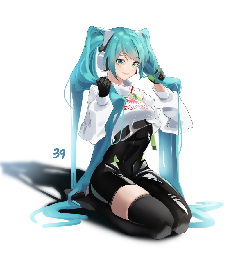 1girl 39 absurdres aqua_eyes aqua_hair asymmetrical_bodysuit bangs black_bodysuit black_gloves black_legwear bodysuit boots clothes_writing covered_navel crop_top crop_top_overhang full_body gloves hands_up hatsune_miku headphones highres holding holding_hair long_hair long_sleeves looking_away racing_miku racing_miku_(2022) see-through_silhouette see-through_sleeves seiza shiny shiny_clothes simple_background single_thigh_boot single_thighhigh sitting skindentation smile solo thigh_boots thighhighs turtleneck twintails uth_95 very_long_hair vocaloid white_background