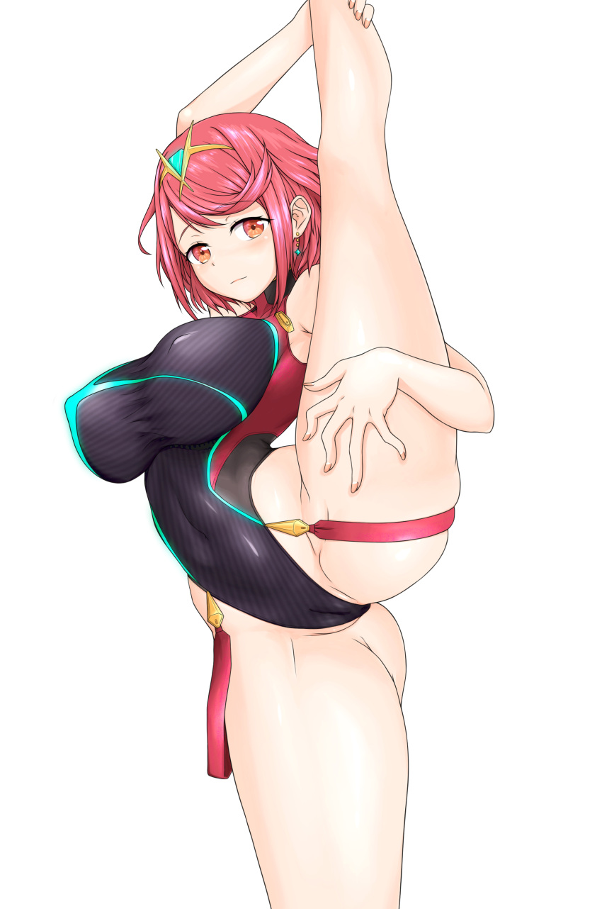 1girl absurdres bangs breasts chest_jewel competition_swimsuit feichu_keju highres large_breasts one-piece_swimsuit pyra_(xenoblade) red_eyes red_hair reward_available short_hair simple_background solo split standing standing_on_one_leg standing_split swept_bangs swimsuit white_background xenoblade_chronicles_(series) xenoblade_chronicles_2