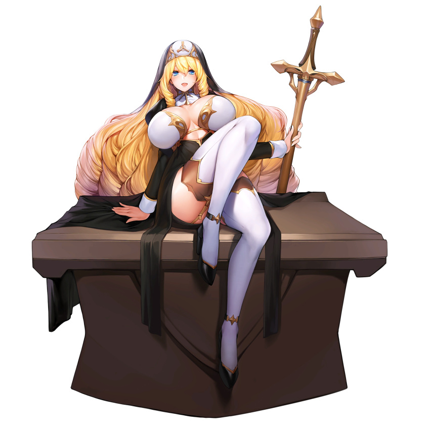 1girl altar areolae bangs blonde_hair blue_eyes blush breasts charlotte_(last_origin) cleavage_cutout clothing_cutout crosier curly_hair drill_hair faux_figurine full_body game_cg habit hair_between_eyes highres knee_up large_areolae last_origin leg_up long_hair looking_at_viewer nipple_slip nipples nun official_art open_mouth puffy_nipples side_slit sitting smile snowball22 solo thighhighs thighs transparent_background very_long_hair white_legwear