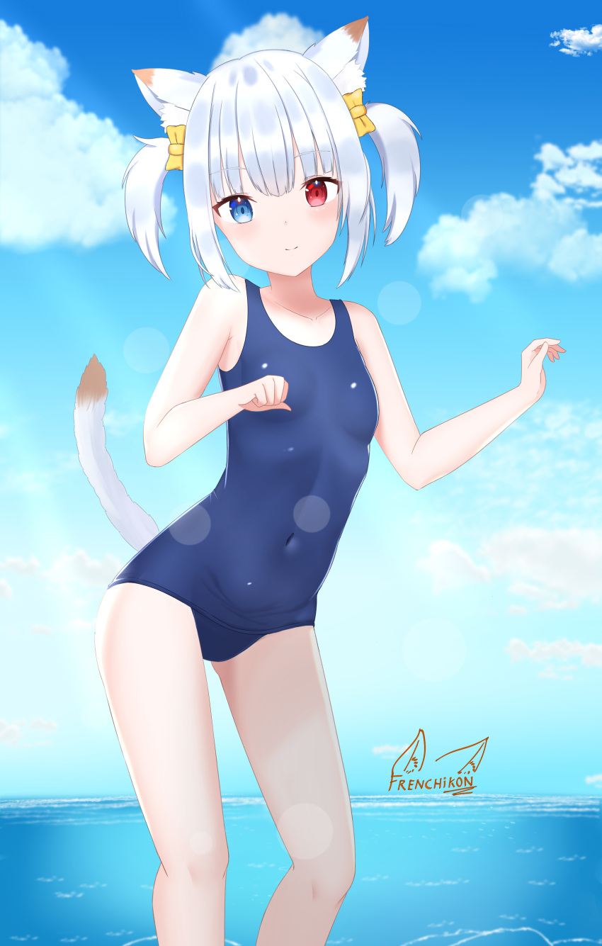 1girl absurdres animal_ear_fluff animal_ears arisugawa_etona artist_logo bare_arms bare_legs bare_shoulders blue_eyes blue_swimsuit blush breasts cat_ears cat_tail closed_mouth cloud cloudy_sky collarbone covered_navel eyebrows_visible_through_hair facing_viewer frenchi_yuzuriha hair_ribbon heterochromia highres indie_virtual_youtuber looking_at_viewer ocean one-piece_swimsuit paw_pose red_eyes ribbon school_swimsuit short_hair signature sky small_breasts smile stomach swimsuit tail tail_raised two_side_up virtual_youtuber water white_hair yellow_ribbon