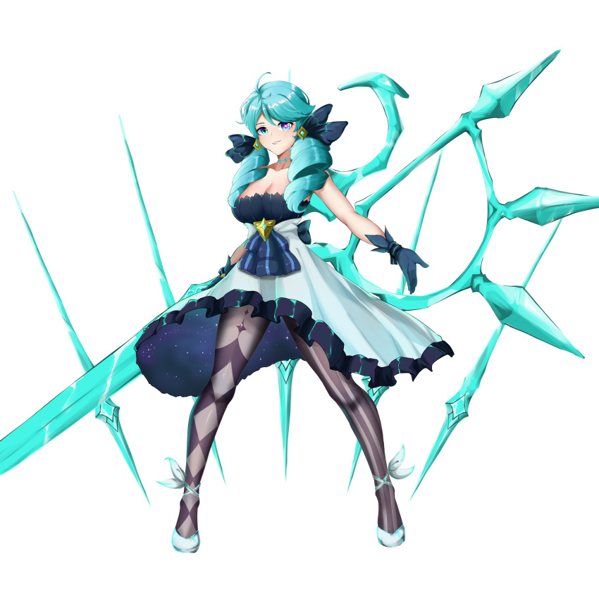 1girl absurdres ahoge bangs black_bow black_gloves black_legwear bow breasts cleavage collarbone dress drill_hair full_body gloves green_eyes green_hair grey_background grey_dress gwen_(league_of_legends) hair_bow heterochromia highres league_of_legends long_hair looking_at_viewer needle oversized_object pantyhose pink_eyes rikuty scissors sewing_needle shiny shiny_hair simple_background smile solo twin_drills twintails