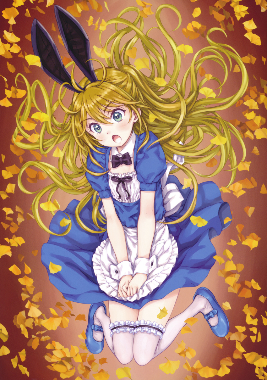 1girl absurdres animal_ears blonde_hair blue_dress blue_footwear dress eyebrows_visible_through_hair focke_wulf green_eyes highres mary_janes open_mouth original rabbit_ears scan shoes thighhighs white_legwear