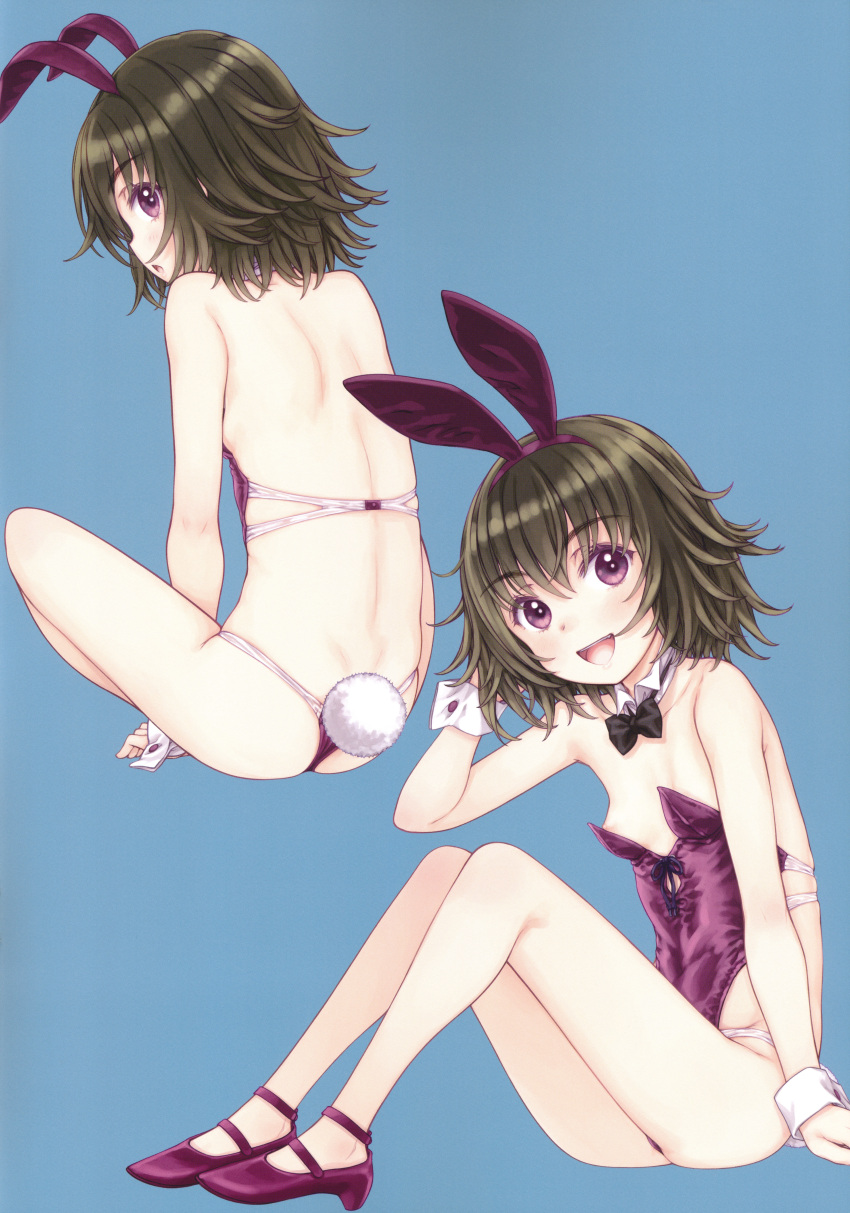2girls absurdres animal_ears back backless_outfit bangs breasts brown_hair focke_wulf full_body high_heels highres leotard looking_at_viewer multiple_girls original playboy_bunny purple_eyes purple_footwear purple_leotard rabbit_ears rabbit_tail revealing_clothes scan simple_background sitting small_breasts solo tail wrist_cuffs