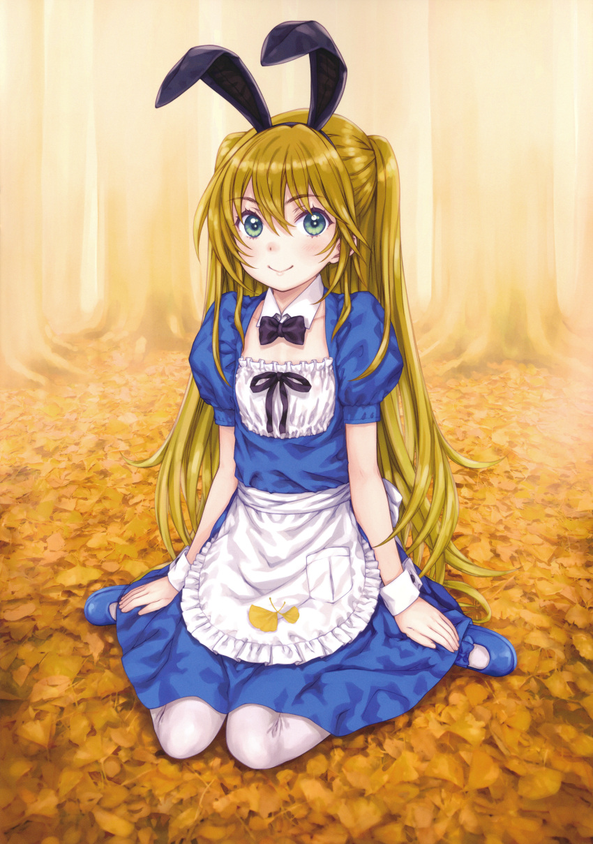 1girl absurdres animal_ears blonde_hair blue_dress blue_footwear dress eyebrows_visible_through_hair focke_wulf green_eyes highres mary_janes original rabbit_ears scan shoes smile thighhighs white_legwear