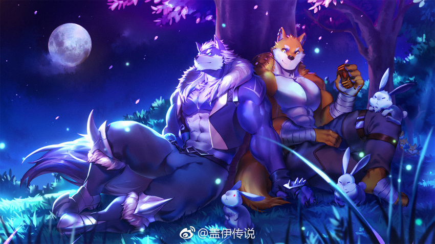 2boys abs artist_request bandages bara bare_pectorals belt biceps blue_eyes blue_fur boots bulge bunny chang_(gyee) dog_boy forest furry furry_male gloves gyee jacket logo moon multiple_boys muscular muscular_male nature night night_sky official_art orange_fur pants pectoral_cleavage pectorals petals scar scar_on_face sky smile tail tattoo thick_thighs thighs topless topless_male tree wolf_boy wolf_tail yang_(gyee) yaoi yellow_eyes