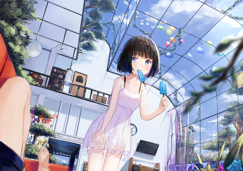 absurdres blue_eyes brown_hair cloud commentary_request dress flower food highres popsicle rei_(farta_litia) see-through short_hair sky white_dress