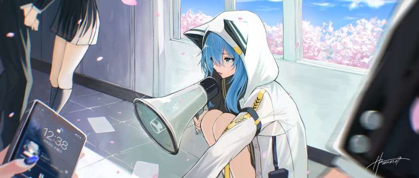 absurdres animal_hood arm_strap black_jacket black_skirt blue_eyes blue_nails blue_sky cellphone cherry_blossoms commentary dated day feet_out_of_frame glint hair_between_eyes highres holding holding_hands holding_megaphone hololive hood hood_up hooded_jacket hoshimachi_suisei hz_(helu_2) indoors jacket knees_to_chest light_blue_hair long_hair long_sleeves megaphone miniskirt motion_blur nail_polish official_alternate_costume paper parted_lips petals phone school school_uniform signature skirt sky smartphone solo_focus squatting tile_floor tiles tree virtual_youtuber white_jacket window