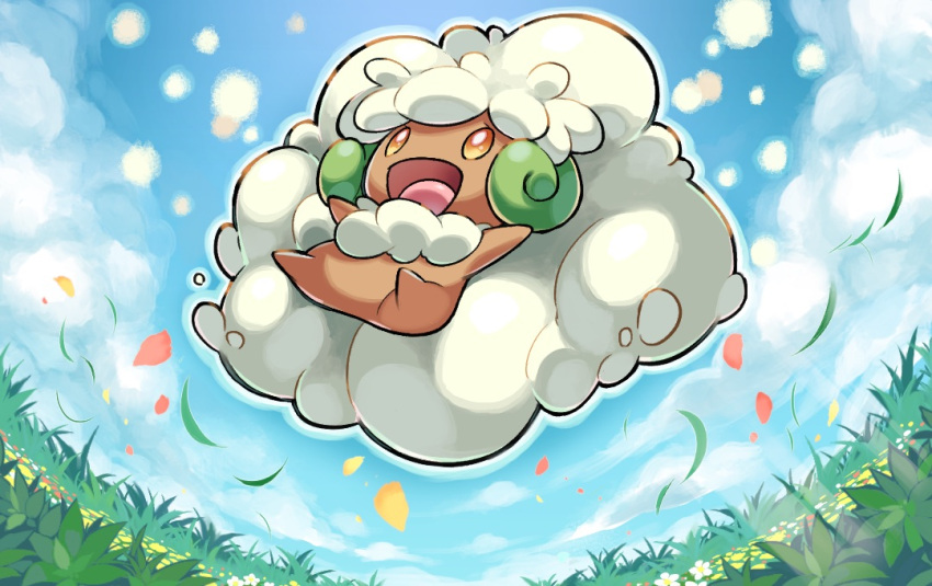 :d cloud commentary_request day from_below full_body grass happy hyou_(hyouga617) leaves_in_wind looking_up no_humans open_mouth orange_eyes outdoors petals pokemon pokemon_(creature) sky smile solo tongue whimsicott