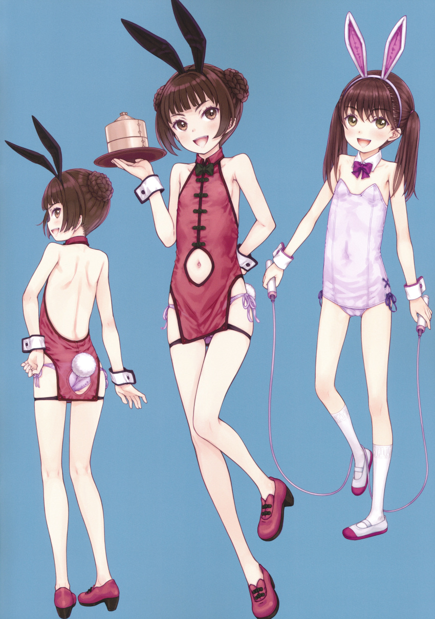 3girls absurdres animal_ears backless_outfit bangs breasts brown_eyes brown_hair chinese_clothes clothing_cutout focke_wulf highres leotard looking_at_viewer multiple_girls navel_cutout original playboy_bunny rabbit_ears scan simple_background skinny small_breasts socks wrist_cuffs