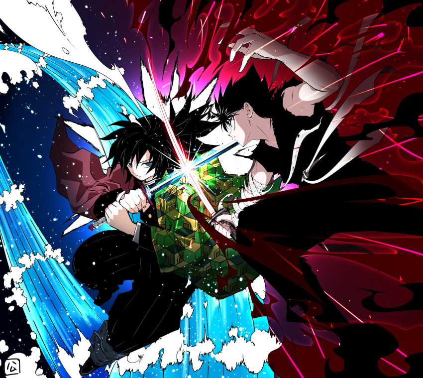 2boys bandaged_arm bandages black_hair crossover fighting fire hiei_(yu_yu_hakusho) highres japanese_clothes kimetsu_no_yaiba male_focus multiple_boys official_style sleeveless sword sword_clash tomioka_giyuu water weapon yu_yu_hakusho yuyu_hamu86