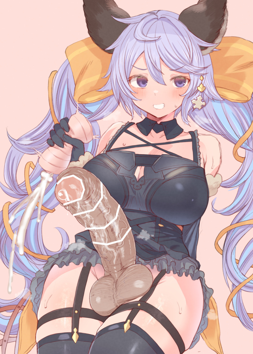 1girl animal_ears artificial_vagina bare_shoulders beige_background black_dress black_gloves black_legwear blue_eyes blush breasts cum dark_penis detached_collar dress erection eyebrows_visible_through_hair foreskin futanari gloves granblue_fantasy hair_ornament highres holding huge_penis large_breasts long_hair looking_at_viewer makabe_gorou penis phimosis purple_eyes satyr_(granblue_fantasy) sex_toy simple_background solo teeth testicles thighhighs twintails veins veiny_penis very_long_hair