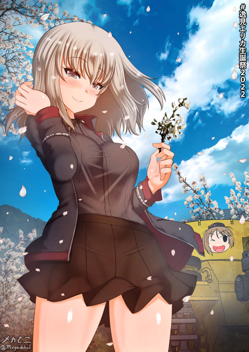 1girl aquaegg black_skirt blue_eyes blush breasts cherry_blossoms closed_mouth girls_und_panzer ground_vehicle highres itsumi_erika kuromorimine_military_uniform large_breasts looking_at_viewer medium_hair military military_uniform military_vehicle miniskirt motor_vehicle outdoors pleated_skirt shiny shiny_hair silver_hair skirt sky smile solo tank uniform