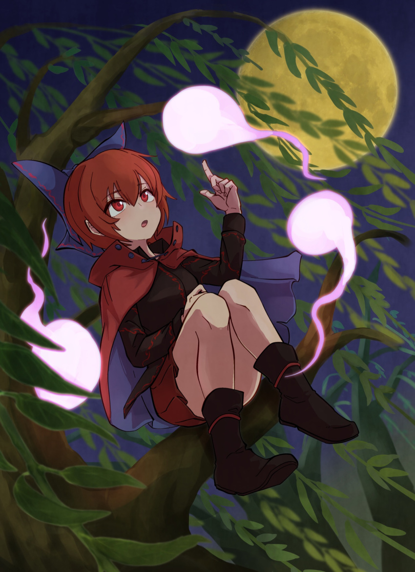 1girl :o bangs black_footwear black_shirt boots bow branch cloak expressionless eyebrows_visible_through_hair full_body full_moon hair_between_eyes hair_bow highres hitodama leaf long_sleeves miniskirt moon night night_sky open_mouth outdoors pleated_skirt purple_bow red_cloak red_eyes red_hair red_skirt sekibanki shirt short_hair sitting skirt sky solo touhou tree yan_pai