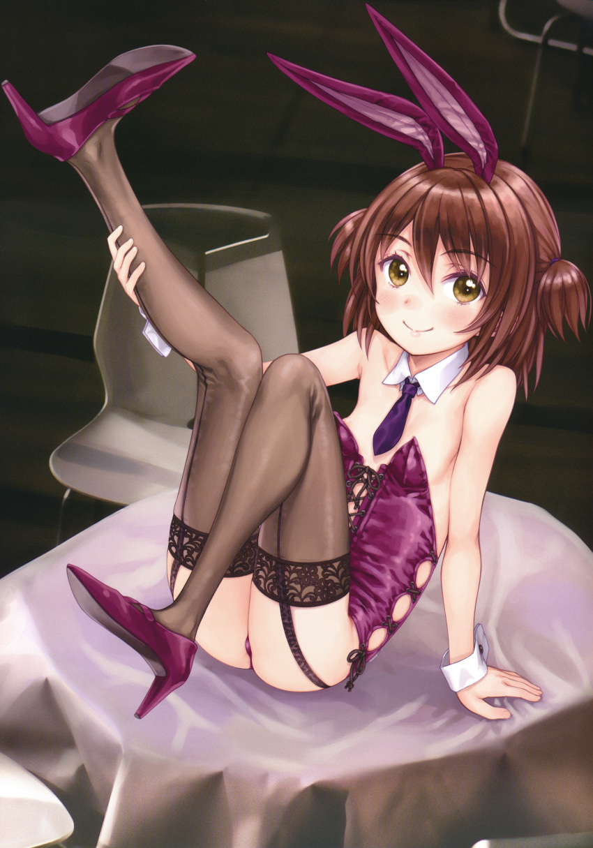 1girl absurdres animal_ears bangs black_legwear breasts brown_eyes brown_hair focke_wulf high_heels highres leotard looking_at_viewer original playboy_bunny purple_footwear purple_leotard rabbit_ears rabbit_tail scan sitting small_breasts smile solo tail thighhighs wrist_cuffs