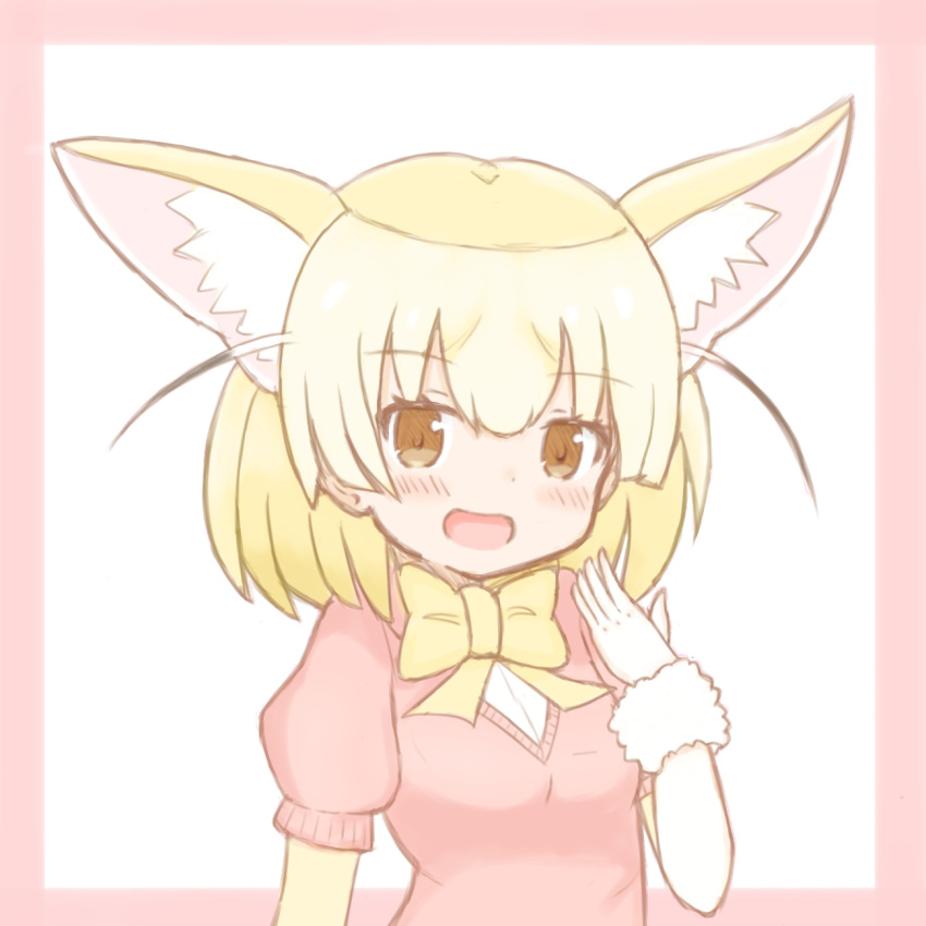1girl :d animal_ear_fluff animal_ears blonde_hair blush bow breasts brown_eyes commentary_request elbow_gloves fennec_(kemono_friends) fox_ears gloves hand_up highres kemono_friends looking_at_viewer multicolored_hair pink_background pink_sweater puffy_short_sleeves puffy_sleeves shirt short_sleeves small_breasts smile solo sunanuko_(ramuneko) sweater two-tone_background two-tone_hair white_background white_gloves white_shirt yellow_bow