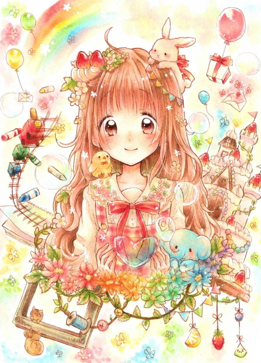 1girl animal_on_head balloon bangs bird blunt_bangs blush box brown_eyes brown_hair bunny bunny_on_head crayon elephant envelope eyebrows_visible_through_hair flower food food-themed_hair_ornament fruit gift gift_box hair_ornament heart highres kiwi_(fruit) kiwi_slice kotori_hana looking_at_viewer marker_(medium) on_head original picture_frame rainbow red_ribbon ribbon smile solo strawberry tareme traditional_media wavy_hair