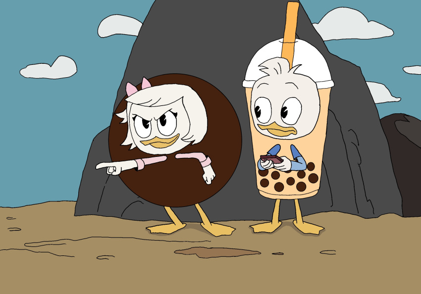 anatid anseriform anthro avian beverage bird bubble_tea bubble_tea_costume dewey_duck disney duck ducktales female food_costume group hi_res kigtoons male tapioca_ball tapioca_ball_costume webby_vanderquack