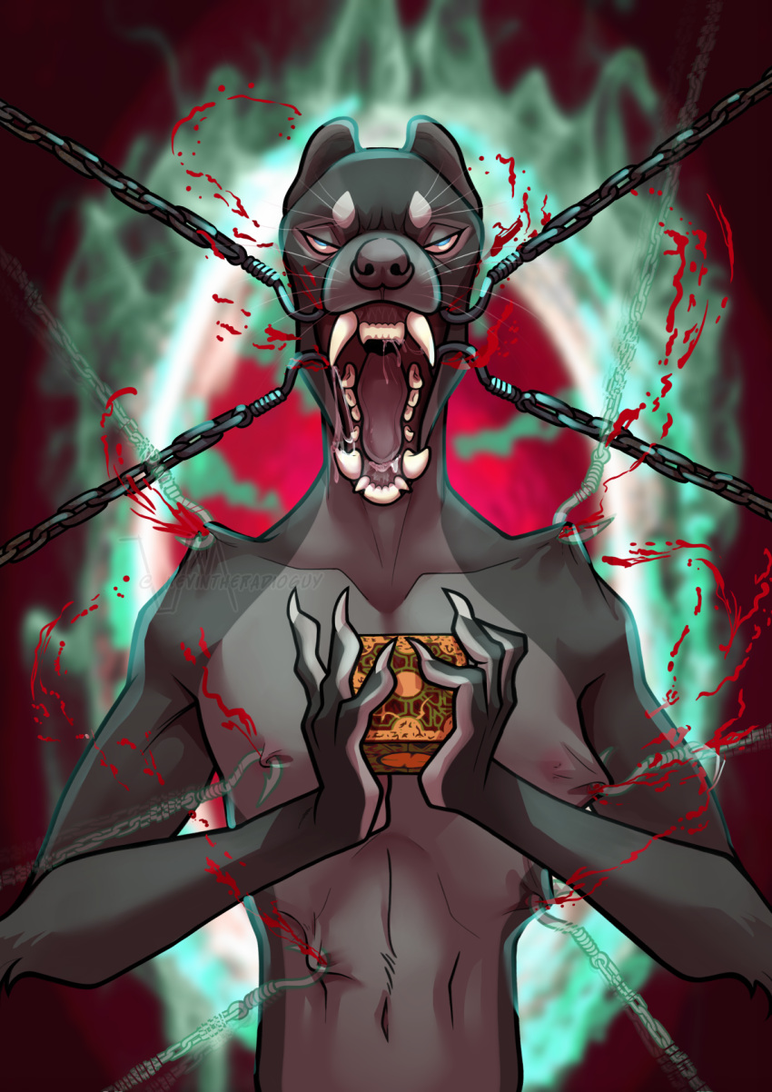 anthro blood bodily_fluids chain claws euplerid fossa fur gore hellraiser hi_res hooks kevintheradioguy lament_configuration looking_pleasured male male/male mammal piercing portal solo teeth