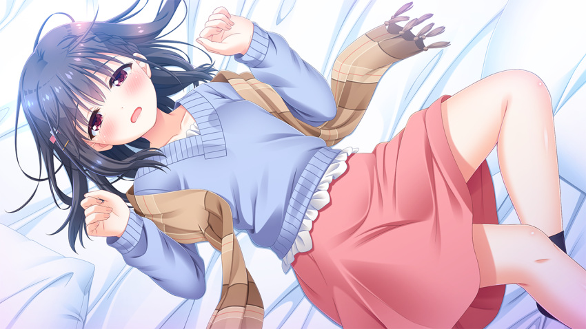 1girl black_hair blush buruma game_cg hair_ornament lying on_back onami_akane onii-chan_asa_made_zutto_gyu_tte_shite! red_buruma scarf skirt solo thighs tinkle_position