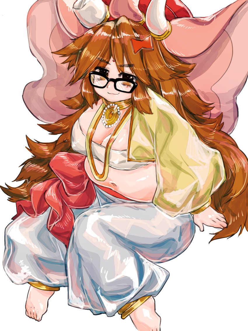 1girl bangs barefoot black-framed_eyewear bow breasts brown_eyes brown_hair cleavage commentary_request elephant_hat fate/grand_order fate_(series) ganesha_(fate) glasses hair_bow highres jewelry jinako_carigiri large_breasts long_hair long_sleeves looking_at_viewer lostdog121 navel plump simple_background smile solo very_long_hair white_background