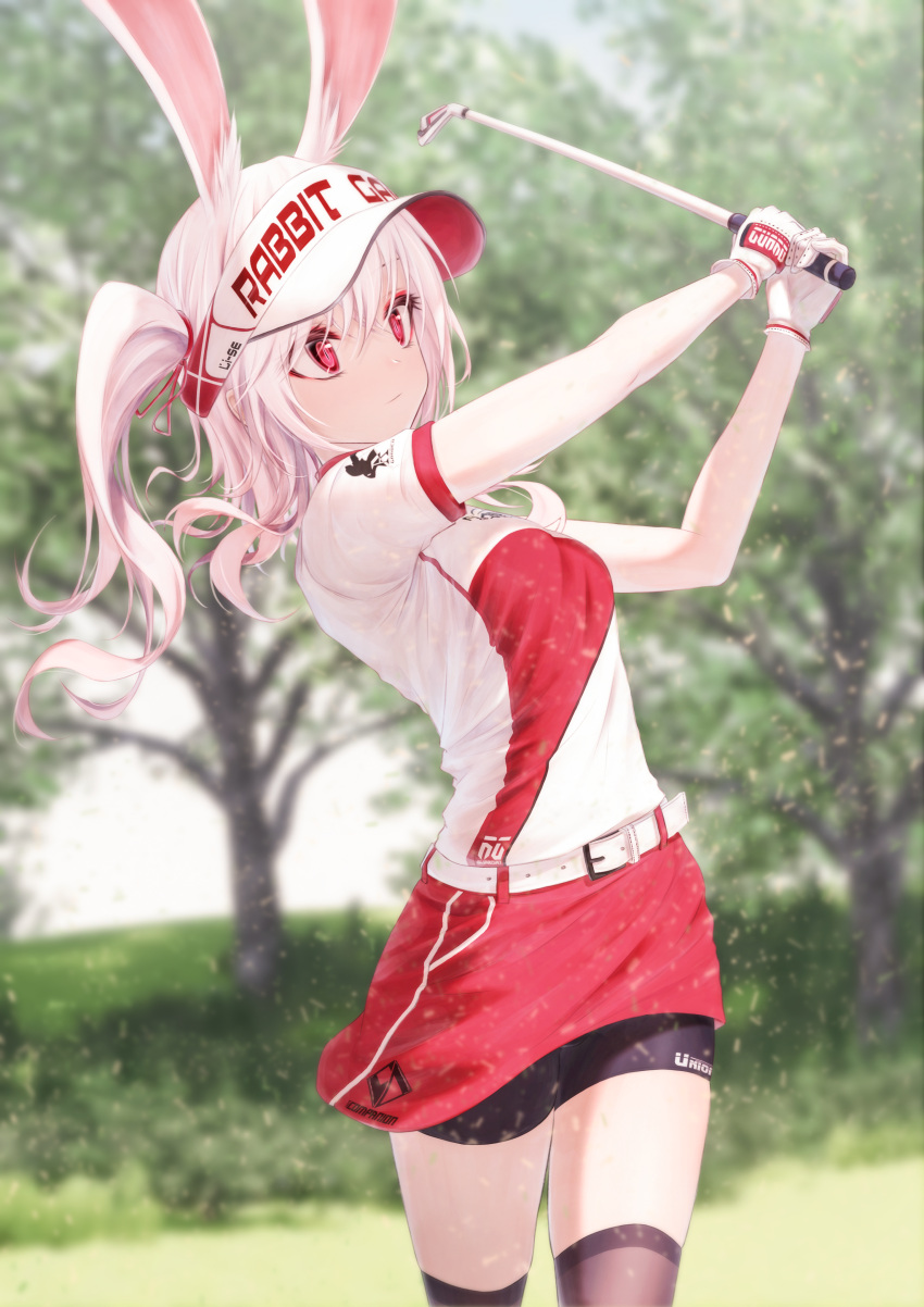 1girl absurdres animal_ears bae.c bike_shorts closed_mouth commentary cowboy_shot english_commentary english_text gloves golf golf_club golf_course grass hat highres holding holding_golf_club kneehighs lise_(bae.c) looking_away outdoors rabbit_ears rabbit_girl red_eyes shirt short_sleeves shorts shorts_under_skirt skirt solo tree tsumi_no_hahen_(debris) twintails visor_cap white_hair