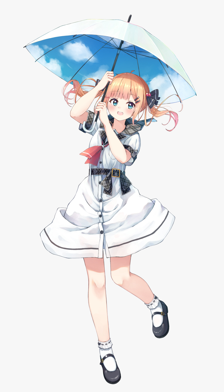 1girl :d absurdres arm_up bangs black_footwear black_ribbon blonde_hair blue_eyes blush dress enuni eyebrows_visible_through_hair frilled_legwear grey_background grey_sailor_collar hair_bobbles hair_ornament hair_ribbon hairclip hand_up highres holding holding_umbrella hoshino_sora_(n2) long_hair looking_at_viewer original plaid_sailor_collar revision ribbon ribbon-trimmed_legwear ribbon_trim sailor_collar sailor_dress shoes short_sleeves simple_background smile solo standing standing_on_one_leg teeth twintails umbrella upper_teeth white_dress white_legwear white_umbrella