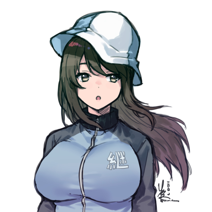 1girl artist_name bangs blue_headwear blue_jacket breasts brown_eyes brown_hair commentary girls_und_panzer hat highres jacket keizoku_military_uniform kimi_tsuru large_breasts long_hair long_sleeves looking_at_viewer mika_(girls_und_panzer) military military_uniform open_mouth raglan_sleeves signature simple_background solo track_jacket tulip_hat uniform upper_body white_background wind