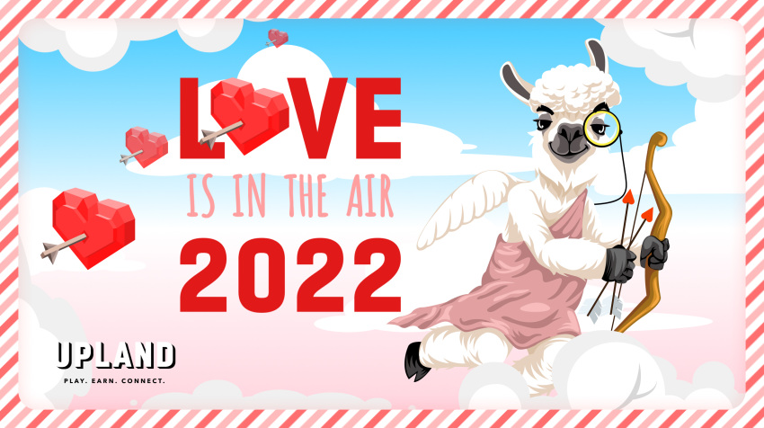 &lt;3 2022 anthro arrow_(weapon) border bow_(weapon) camelid chiton clothing cloud cloudscape cosplay cupid english_text eyewear female fur hi_res holidays hooves llama logo looking_at_viewer male mammal miles_(upland) monocle official_art pink_clothing ranged_weapon sky solo striped_border text unknown_artist upland_(nft) valentine's_day weapon white_body white_fur wings