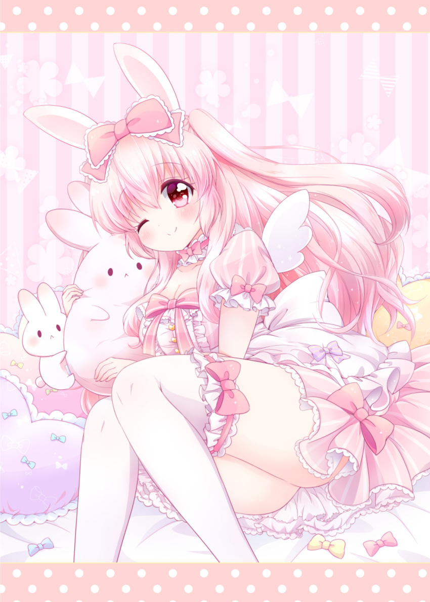 1girl animal_ears blush bow breasts bunny chiika_(cure_cherish) choker dress eyebrows_visible_through_hair frilled_dress frills hair_bow highres holding large_breasts letterboxed looking_at_viewer lying one_eye_closed original pink_dress pink_eyes pink_hair puffy_short_sleeves puffy_sleeves rabbit_ears short_dress short_sleeves smile thighhighs two_side_up wings zettai_ryouiki